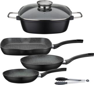 GSW Topf-Set Gourmet Granit, Aluminiumguss (Set, 5-tlg, 1 x Bräter, 1x Grillpfanne 28x28 cm, je 1x Bratpfanne Ø 20/24 cm), Induktion