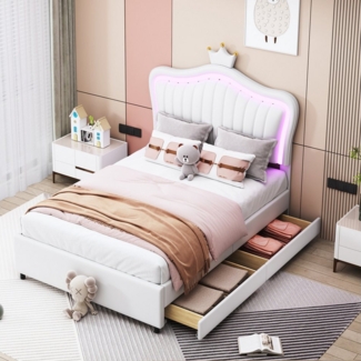 STILVORA Kinderbett 90x200 Polsterbet mit LED-Leuchten&Stauraum,Jugendbett ohne Matratze (Krone Mädchen Einzelbettgestell kunstleder mit Aufbewahrungsschubladen, LED-Leuchten, Lattenrost und Rückenlehne), Ohne Matratze