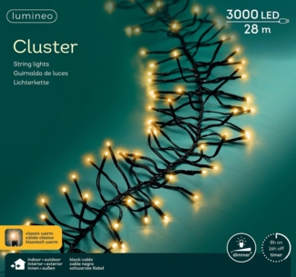 Lumineo LED-Lichterkette Lumineo Lichterkette CLUSTER 3000 LED 28 m klassisch warm, schwarz, Indoor/Outdoor, dimmbar, 8h-Timer, + 5 m Zuleitung