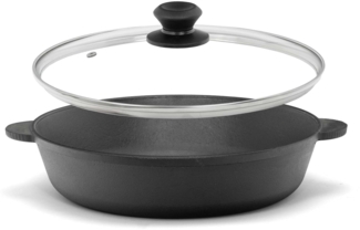 Ø28cm Gusseisenpfanne mit Glasdeckel Bräter Schmortopf aus Gusseisen zwei Griffe Servierpfanne