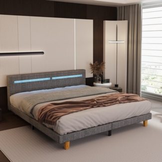 oyajia Polsterbett Doppelbett mit Lattenrost, LED-Beleuchtung und Fernbedienung (Leinen, Modernes Jugendbett, Leises Design Bett, Max. Belastbarkeit 360 kg), Doppelbett mit gepolstertem Kopfteil, robustes Gestell, Liegekomfort