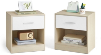 Vasagle Nachttisch, 2er Set, Beistelltisch, mit Schublade, Griff, offenes Fach, Couchtisch, für Schlafzimmer, Wohnzimmer, naturbeige-klassikweiß