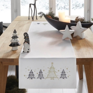 Tischläufer "Weihnachtsbäumchen" in weiß, 40x140 cm, Mitteldecke bestickt mit Tannenbäumen in gold & anthrazit