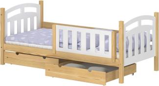 WNM Group Kinderbett mit Rausfallschutz Suzie - Jugenbett aus Massivholz - Bett mit 2 Schubladen fr Mdchen und Jungen - Funktionsbett 200x90 cm - Natrliche Kiefer