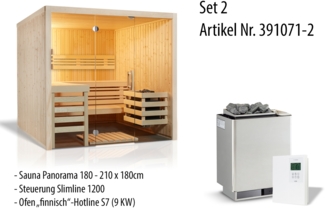 Infraworld Panorama 180 Saunakabine Elementsauna aus nordischer Fichte 210 x 180 x 203 cm Set mit Verdampferofen Hotline S7 (9 kW/1.5 kW), Steuerung Saunacontrol A0 und 15 kg Saunasteinen