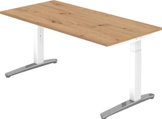 bümö manuell höhenverstellbarer Schreibtisch 160x80 in Asteiche, Gestell in weiß/alu - PC Tisch höhenverstellbar & groß, höhenverstellbarer Tisch Büro, großer Computertisch verstellbar, X16-R-WC