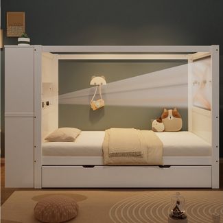 STILVORA Kinderbett 90x200 mit 5 Schubladen,Jugendbett mit Stauraum,Bettgestell mit Gitter (mit Stauraum, Kiefernholz & MDF, 5 Schubladen und Fallschutz, Kinderbett mit Schreibtisch, 90x200 cm, für Kinderzimmer & Jugendzimmer), ohne Matratze