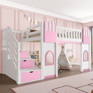 Flieks Etagenbett, Hochbett Fenster-Design 90x200cm mit Rausfallschutz und Stauraumtreppe