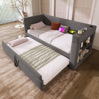 Celya Polsterbett Daybett, Einzelbett Schlafsofa mit Ausziehbett, Leinen-Mischgewebe (90x200 cm, ohne Matratze), Armlehnen mit USB- & Type-C-Ladeanschluss und Getränkehalter