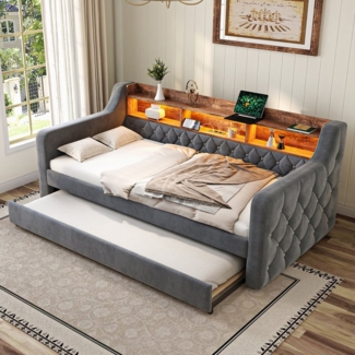 MODFU Schlafsofa Samt-Polsterbett mit integriertem Ausziehbett, mit LED-Beleuchtung und USB-C-Anschluss, Funktionsbett 90x190/90x190 cm, ohne Matratze