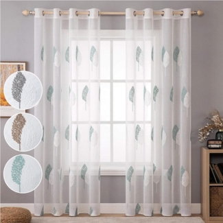 Jibenhome Vorhang Gardine mit Ösen Vorhänge Wohnzimmer Modern Blätter Muster Transparent, 2 St Ösenvorhänge Stickerei Gardinen Stores Fensterschal Schlafzimmer