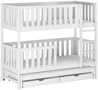 Deine Möbel 24 Etagenbett LUKAS Stockbett Hochbett Kinderbett für 3 Kinder 90x200 Weiß (mit Ausziehbett, Matratzen optional, 3-St, Funktionsbett inkl. Lattenrost, Rausfallschutz und 2 Schubladen), aus Vollholz Massivholz Kiefernholz, in 2 Einzelbetten ...