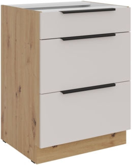Küchen Unterschrank 60 cm Küche SOLANO Kaschmir beige matt + Eiche Artisan matt Soft-Close Küchenzeile Küchenblock