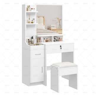 Dripex Schminktisch mit Spiegel, Hocker und Schubladen, Weiß, 87 x 38,3 x 141,5 cm, Mit seitlichem Stauraum