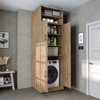 Roomart Waschmaschinenschrank - SERIE DORA 2 – Überbauschrank für Waschmaschine & Trockner mit Regalböden – Waschturm für Waschküche & Hauswirtschaftsraum - mit Aufsatzschrank • Weiß Eiche