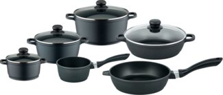 Elo Basic Topf-Set Black Cast, Aluminiumguss (Set, 10-tlg, je 1 Kochtopf 16/20/24 cm, Stielkasserolle 16 cm, 2 Pfannen 24 cm), Induktion