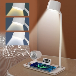 ibettertec LED Nachttischlampe LED Schreibtischlampe mit kabellosem Ladegerät,Bluetooth Lautsprecher, 3 Farben Dimmbar Touch-Steuerung, Led Schreibtischlampe Dimmbar mit Alarm, Bluetooth-Speaker Tischlampe, Geeignet für Schlafzimmer,Wohnzimmer,Arbeitsz...