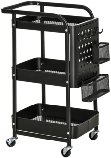HOMCOM Servierwagen Küchenwagen mit 3 Ebenen, Rollen, Griff, (Rollwagen mit Haken und Korb, 1 St, Küchenregal), für Küche Büro Badezimmer, 51,5 x 32 x 75,6 cm, Schwarz