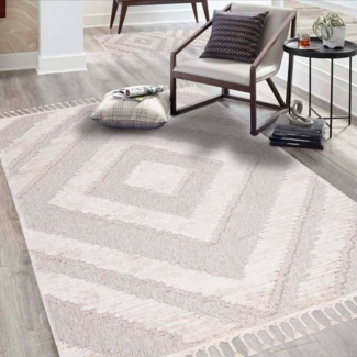 Carpet City Hochflor-Teppich Valencia 813, rechteckig, Höhe: 20 mm, Läufer, Boho-Stil, 3D-Effekt, Raute, Hoch-Tief-Struktur, mit Fransen