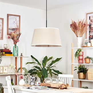 hofstein Hängeleuchte Hängelampe aus Metall/Stoff in Schwarz/Beige/Weiß, Hängeleuchte im modernen Design, (Schirm Ø 45cm), E27, Höhe max. 151cm