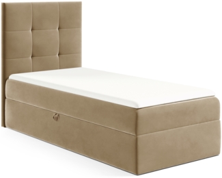MEBLINI Kinderbett mit Bettkasten MINO 2 100x200 Links – H3/Hellbraun Samt Gepolstert Einzelbett mit Matratze - Polsterbett mit Stauraum - Bett mit Kopfteil – Stauraumbett