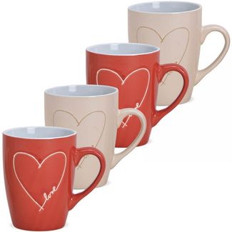 matches21 HOME & HOBBY Tasse Kaffeetassen 4er Set Landhaus-Stil Herzen mit Spruch Love, Keramik, Tee, Kaffeebecher, klassisch, cremefarben rot, ca. 300 ml