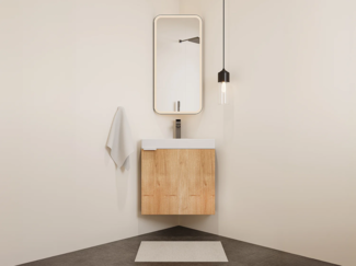 Vente-unique - Eck-Handwaschbeckenunterschrank hängend - Holzfarben hell - 56 cm - MANODO