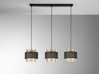 LED Hängelampe 3-flammig, Metall Gold mit Stoffblende Schwarz, Breite 85cm