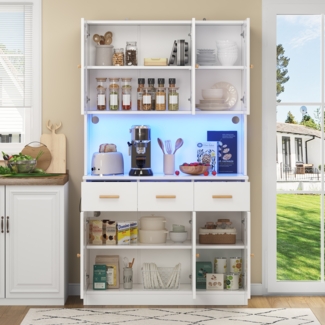 Buffetschrank 105×43×182 cm MDF Stofffront LED-Beleuchtung Steckdosen Küche Esszimmer Wohnzimmer