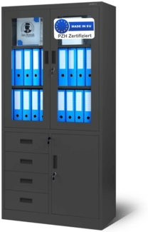 Vitrinenschrank abschließbar PUMME - mit Schubladen| Büroschrank aus Stahl Aktenschrank mit Glasfenster Metallschrank Mehrzweckschrank, 185x90x40cm Anthrazit