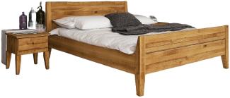 Bett Sydo 8 aus Wildeiche massiv 90x200 cm mit Holzkopfteil und hohem Fußteil