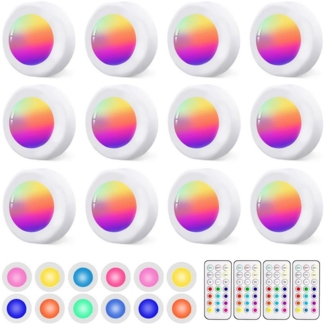 OYLCDI Unterschrankleuchte 3/6/9/12 Stück Batteriebetrieben LED RGB Spots mit Fernbedienung, 13 Farbwechsel Kabellos Vitrinenbeleuchtung, Küche LED Lampe zum Kleben Schranklicht, Dimmbar Unterbauleuchte, Nachtlicht mit Fernbedienung und Timing-Funktion