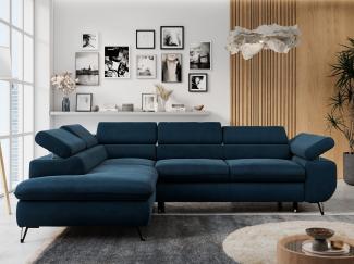 Ecksofa mit Bettfunktion, Modern Sofa, L-form, Einstellbare Kopfstützen, Bettkasten, PETER, 1x Ecksofa, 1x Topper, Dunkelblau, Velours, links