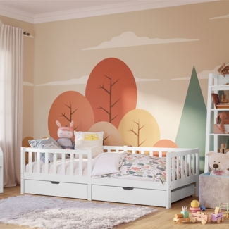 Bellabino 'Vere' Kinderbett 90x200 cm mit 2 Schubladen, weiß, Massivholz Kiefer, Jugendbett mit Rausfallschutz und Lattenrost