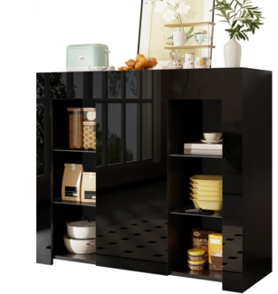 Buffet, Hochglanz-Front stilvolle Aufbewahrung mit Glasregalen und Schranktür, MDF/Glas, Schwarz, 95 x 35 x 83 cm