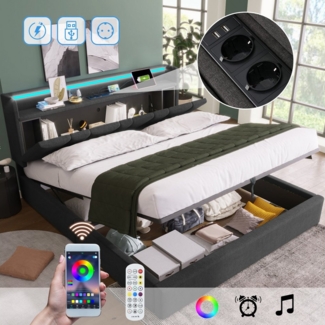MODFU Polsterbett Doppelbett mit aufladen USB Ladefunktion (Stauraumkopfteil LED-Beleuchtung, Stauraum-Kopfteil und LED-Beleuchtung)