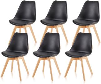 Esszimmerstühle Scandi Stil - Stuhlbeine aus Massivholz Buche - Kunststoff-Sitzschale mit Sitzpolster aus Kunstleder 6 Stühle Schwarz