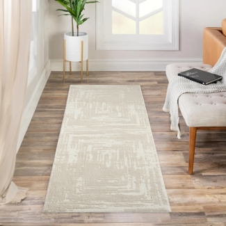 Teppich Läufer Kurzflor Beige 80x300cm Flur Wohnzimmer Geometrisch Melierte Muster mit Hoch-Tief-Effekt, 3D Effekt, Weich