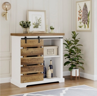 HOMECHO Buffet Küchenschrank mit Schiebetür und Regal Vintagebraun+Weiß