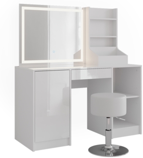 Schminktisch Sherry Weiß/Weiß Hochglanz 128.2 cm mit LED-Spiegel und Hocker Vicco
