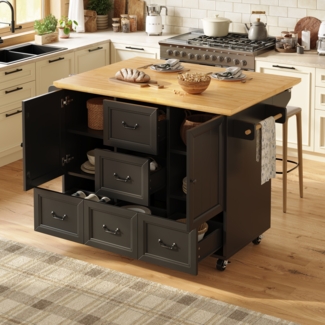 Kücheninsel Küchenwagen ausklappbar Klappbare Arbeitsfläche Schubladen Metallgriffe Handtuchhalter Stauraum,Schwarz