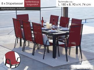 Gartenmöbel Set Alu Tisch 9-tlg. 8x Stapelsessel Essgruppe Gartenset Sitzgruppe burgundrot