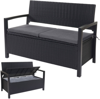 Poly-Rattan 2er Sitzbank HWC-F39, Gartenbank Truhenbank, Staufach Aufbewahrung Sitzkissen ~ grau-meliert, Kissen grau