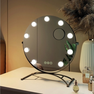EMKE Runder Schminkspiegel Hollywood Spiegel mit Beleuchtung LED Tischspiegel, mit Touch, 3 Lichtfarben,9 Dimmbaren LED-Leuchtmitteln,7 x Vergrößerungsspiegel,Memory-Funktion, 360° Drehbar,Schwarz,40 cm