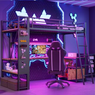 Merax Hochbett, 90 x 200 cm, Kinderbett, Einzelbett, Eisenrahmen, mit LED-Lichtleiste, Schreibtisch, Stauraum, mehreren Regalen, Lochwand, USB-Anschluss, schwarz