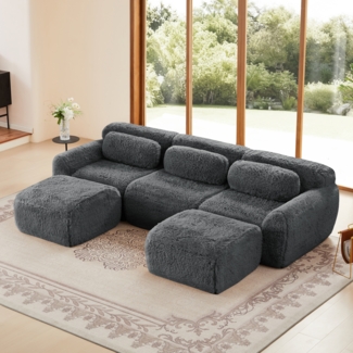 Boneless Cloud Sofa Plüsch, modulare U/L-Form, 32D Schaumstoff, körperumarmend, mit Kissen und 2 Ottoman, kein Aufbau,72h Entfaltung,Grau