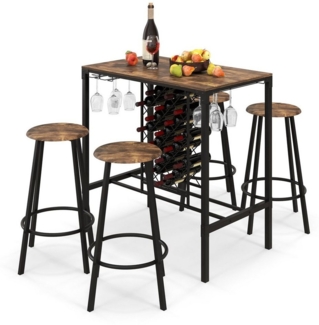 COSTWAY Bartisch, 5-tlg. mit 4 Barhockern, Weinregal und Glashalter