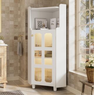 REDOM Vitrine Smart Eckschrank mit App-Steuerung & LED-Beleuchtung (Packung, 1-St, Vielseitig für Wohnzimmer, Bad oder als Bücherregal) 63,5x124x63,5 cm in Weiß, mit drei praktischen Fächern