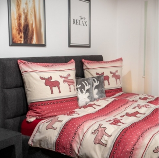 DOBNIG Bettwäsche Flanell, Flanell, 2 teilig, Elch, weihnachtlich, rubin