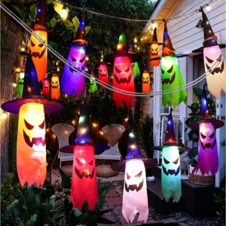 Merry 2024 Lichterkette Halloween Deko Lichter Geister Hexenhut Halloween Lichterkette LED, Batteriebetriebene,für Halloween Garten,Hof,Zuhause,Baum Dekorationen